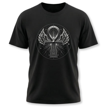 Winged Ankh symbol graphic on a black t-shirt, representing eternal Egyptian life.