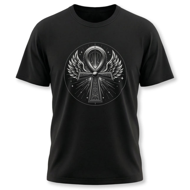 Winged Ankh symbol graphic on a black t-shirt, representing eternal Egyptian life.