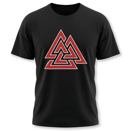 Red Norse Valknut symbol graphic tee on black shirt.