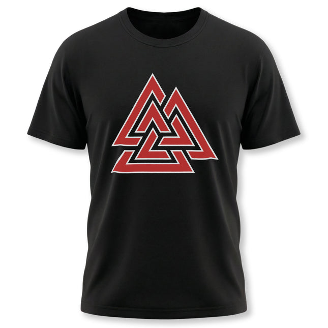 Red Norse Valknut symbol graphic tee on black shirt.