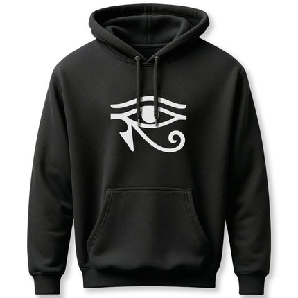 Black pullover hoodie featuring the white Eye of Horus symbol of ancient Egypt.