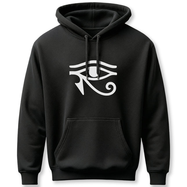 Black pullover hoodie featuring the white Eye of Horus symbol of ancient Egypt.