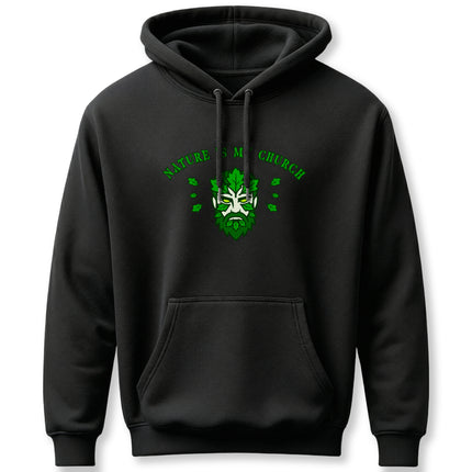 Black hoodie featuring the Green Man graphic and "Nature Is My Church" text. Pagan spiritual apparel.