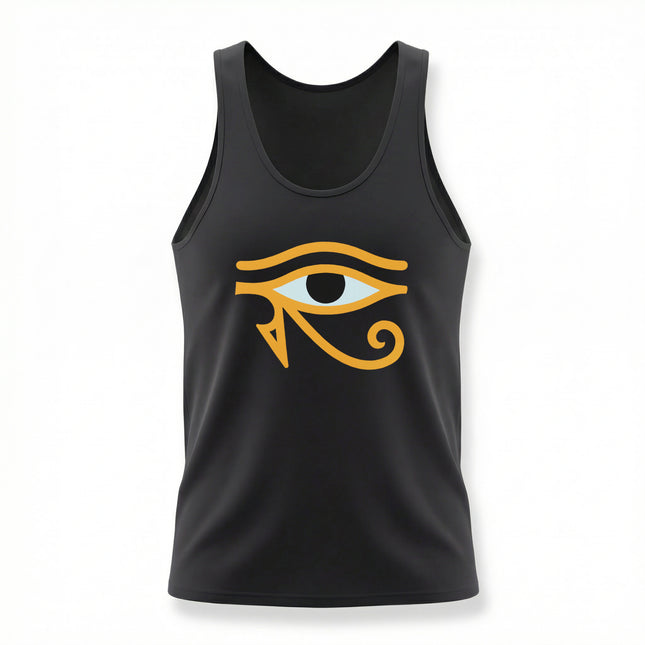 Black tank top featuring the Eye of Horus symbol, an ancient Egyptian protection graphic.
