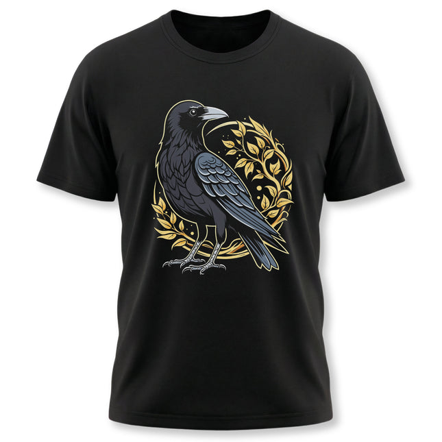 Black t-shirt featuring a stylized raven graphic surrounded by golden leaves and foliage. Norse mythology design.