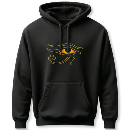 Golden Eye of Ra symbol graphic. Ancient Egyptian mythology design on black pullover hoodie.