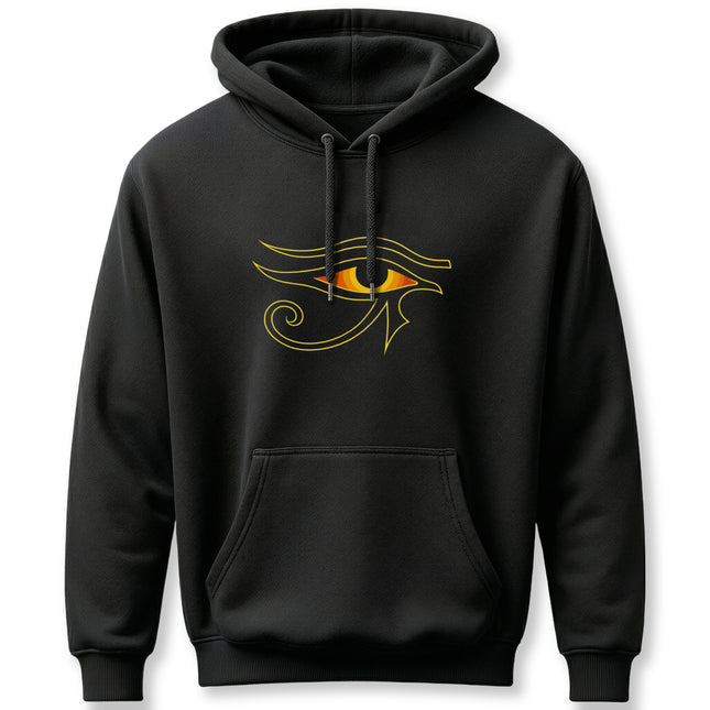Golden Eye of Ra symbol graphic. Ancient Egyptian mythology design on black pullover hoodie.