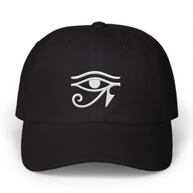 Black baseball cap with embroidered Egyptian Eye of Horus protection symbol.