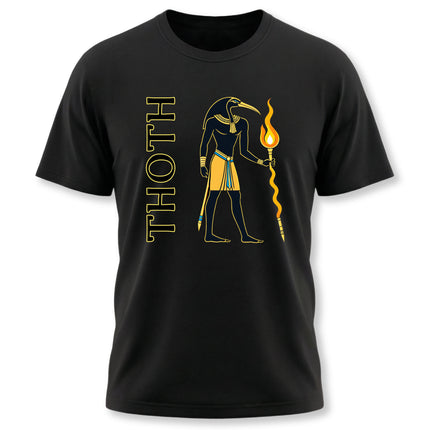 Black t-shirt with Thoth, the Egyptian god, holding a staff. Mythology graphic design featuring the name "THOTH.
