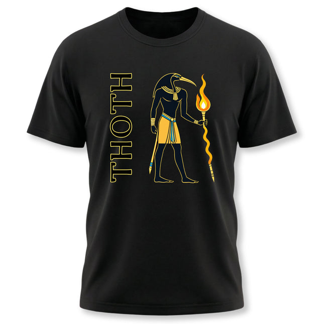 Black t-shirt with Thoth, the Egyptian god, holding a staff. Mythology graphic design featuring the name "THOTH.