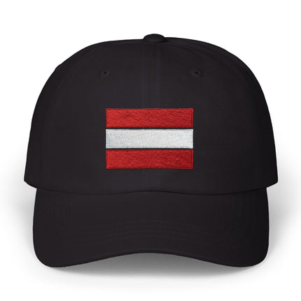 Black baseball cap featuring the embroidered red, white, and red Austrian flag stripes.