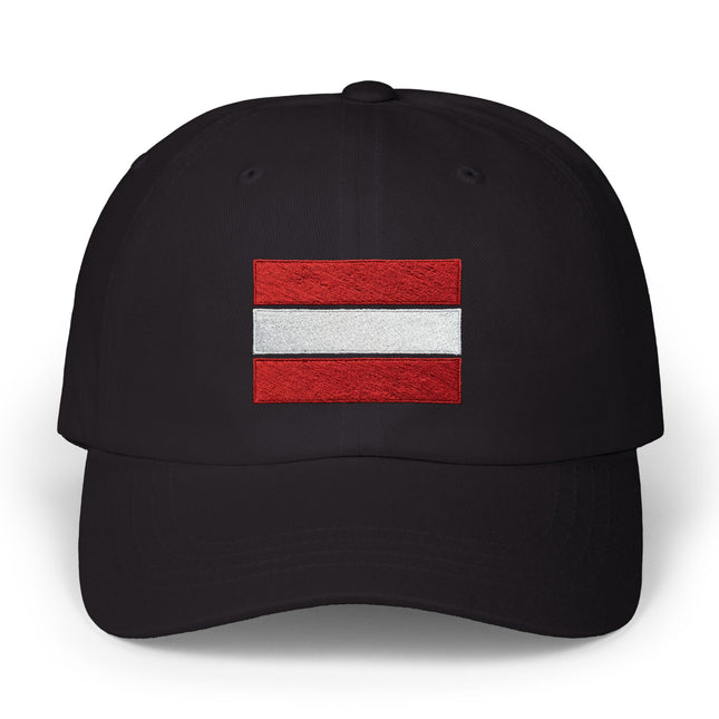 Black baseball cap featuring the embroidered red, white, and red Austrian flag stripes.