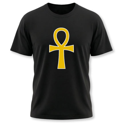 Black t-shirt featuring a golden Egyptian Ankh symbol graphic.