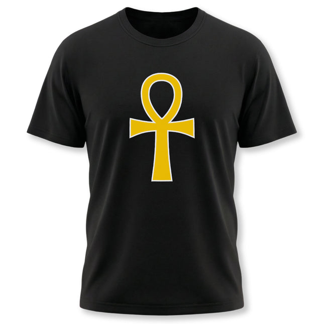 Black t-shirt featuring a golden Egyptian Ankh symbol graphic.