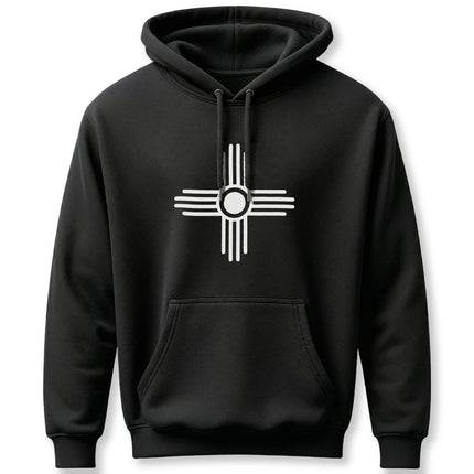 Black hoodie featuring the white Zia Sun Symbol. Native American graphic pullover sweatshirt.