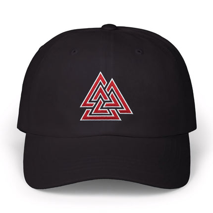 Black baseball cap with red embroidered Valknut symbol. Norse mythology design.