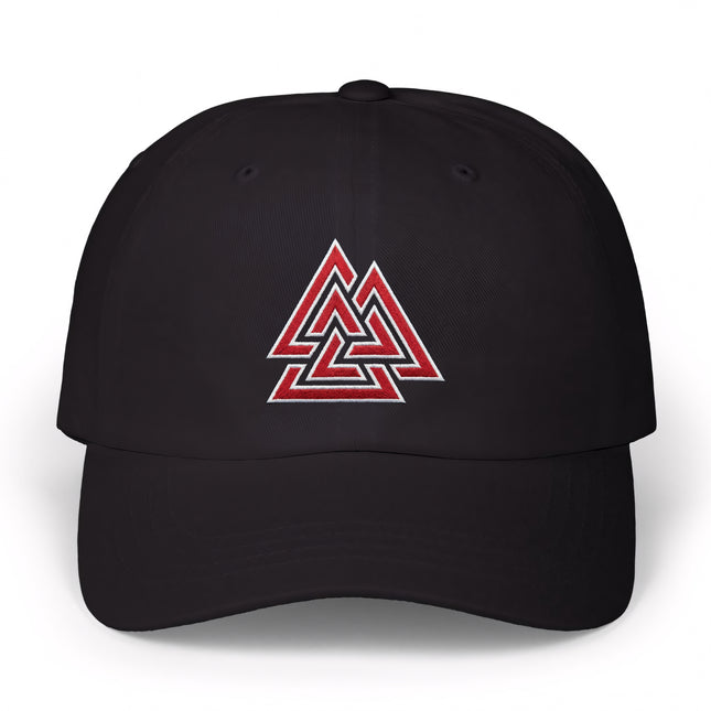 Black baseball cap with red embroidered Valknut symbol. Norse mythology design.