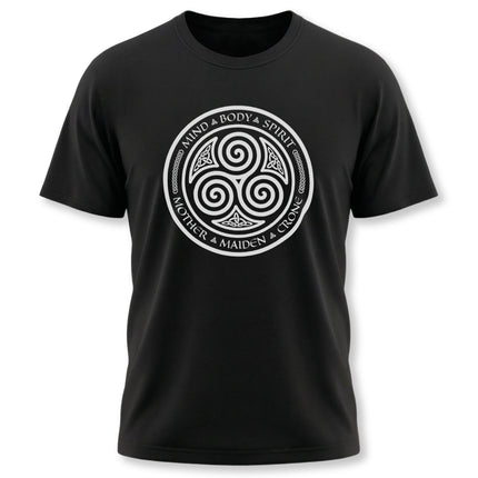 Celtic triskelion t-shirt featuring Mother Maiden Crone and Mind Body Spirit symbols.