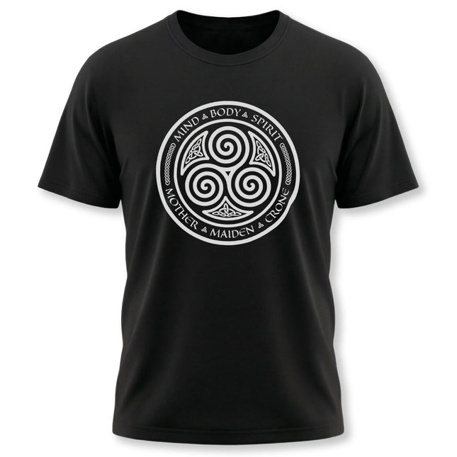 Celtic triskelion t-shirt featuring Mother Maiden Crone and Mind Body Spirit symbols.