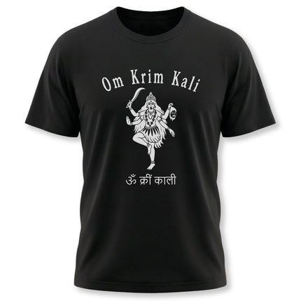 Om Krim Kali Goddess Kali mantra graphic on a black spiritual t-shirt.