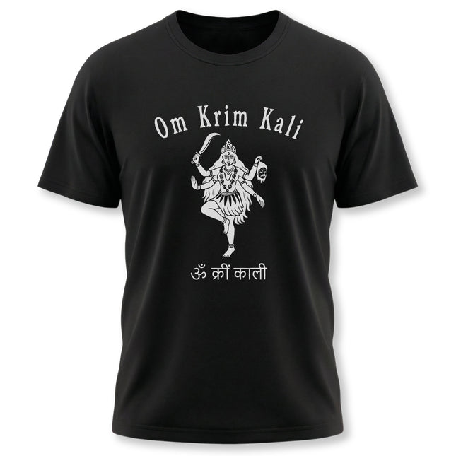 Om Krim Kali Goddess Kali mantra graphic on a black spiritual t-shirt.