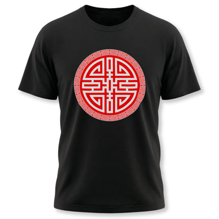 Red and white Chinese Cai prosperity symbol graphic on a black t-shirt.