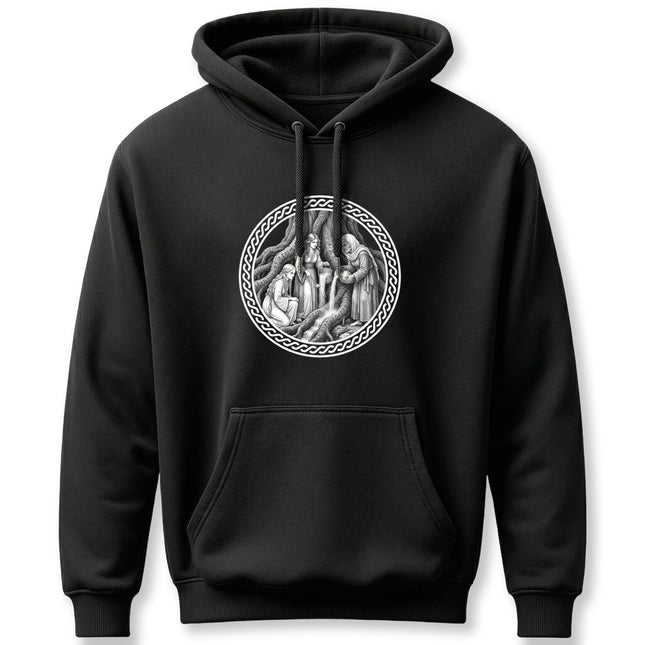Black hoodie featuring the Norns weaving fate at the base of Yggdrasil, Norse mythology design.