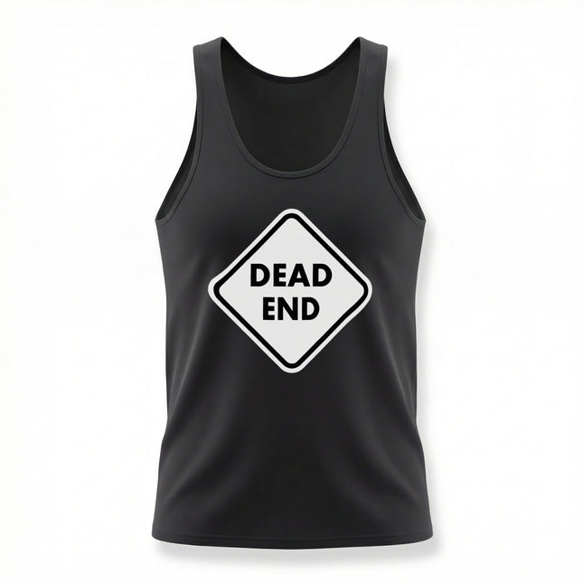 Black tank top featuring a white "DEAD END" warning road sign graphic.