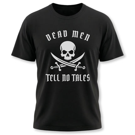 Dead Men Tell No Tales skull and swords graphic black t-shirt for pirate or gothic style.