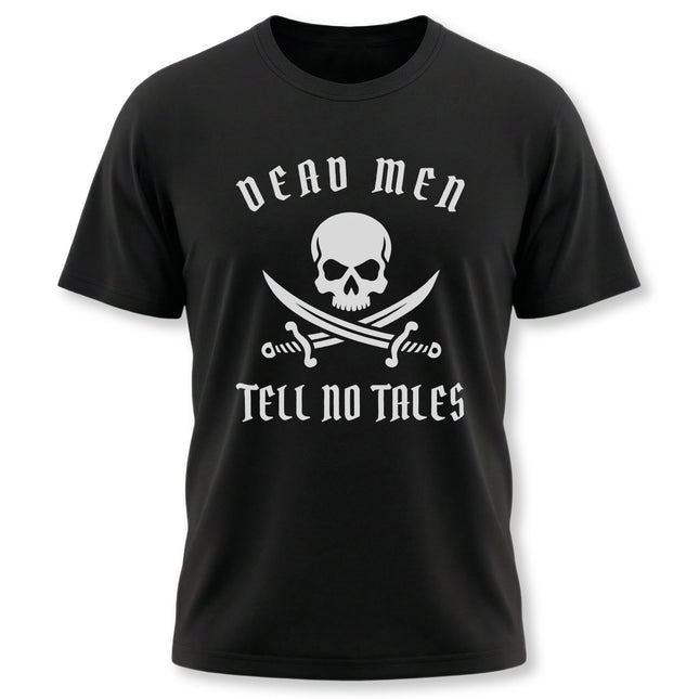 Dead Men Tell No Tales skull and swords graphic black t-shirt for pirate or gothic style.