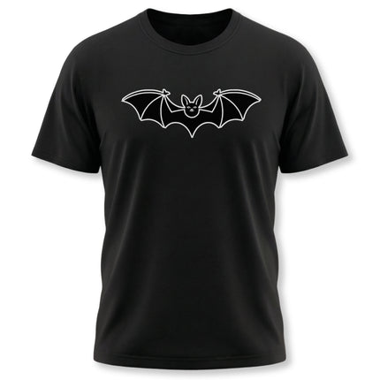 Minimalist white bat outline graphic on a black t-shirt.