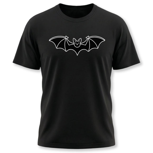 Minimalist white bat outline graphic on a black t-shirt.
