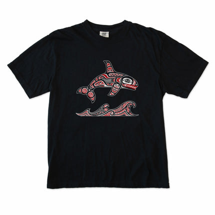 Haida formline art killer whale and wave graphic printed on an orca tee shirt.