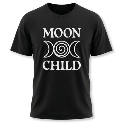 Moon Child celestial t-shirt featuring a triple crescent moon goddess symbol design.