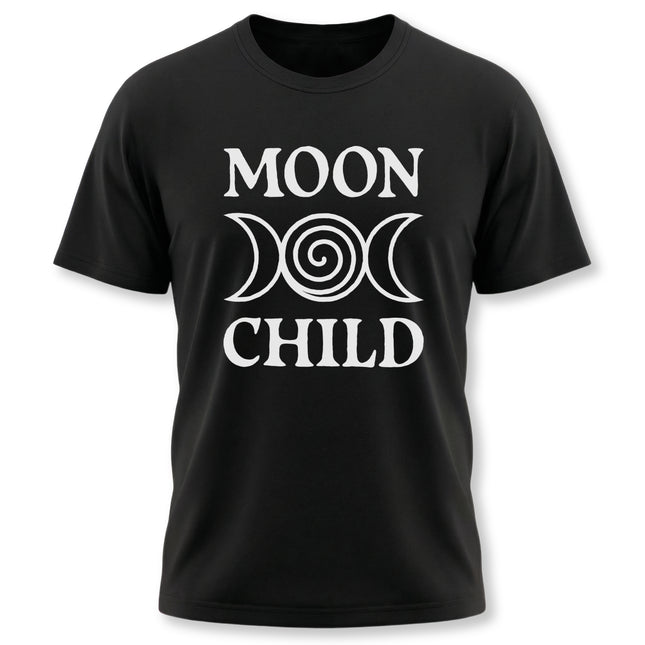 Moon Child celestial t-shirt featuring a triple crescent moon goddess symbol design.