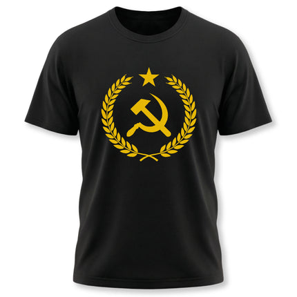 Yellow hammer and sickle communist emblem on a black t-shirt.
