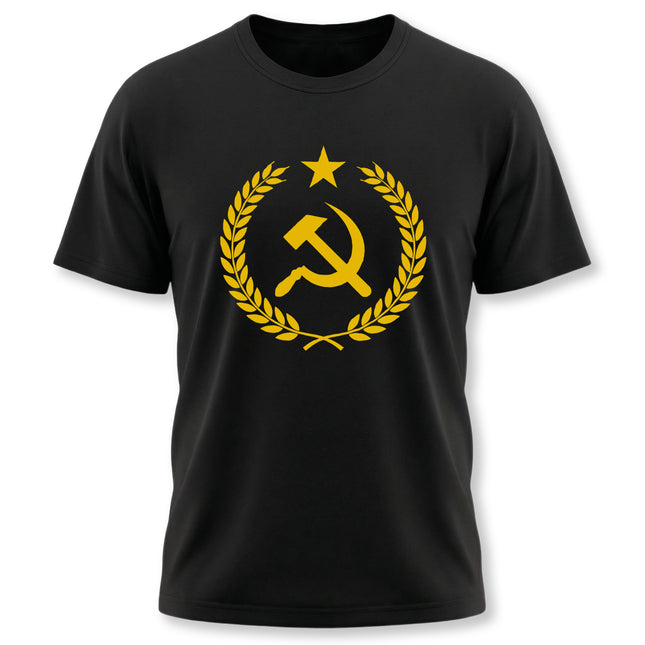 Yellow hammer and sickle communist emblem on a black t-shirt.