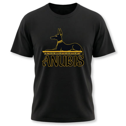 Gold Anubis Egyptian god silhouette graphic on a black mythology t-shirt.