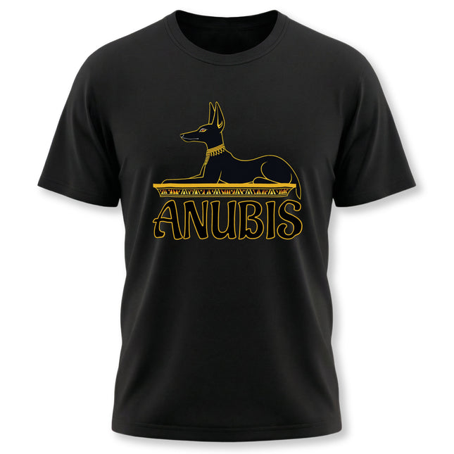 Gold Anubis Egyptian god silhouette graphic on a black mythology t-shirt.
