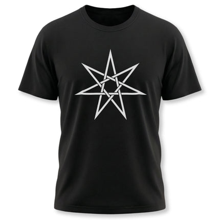 Black t-shirt featuring a white heptagram sacred geometry star design.