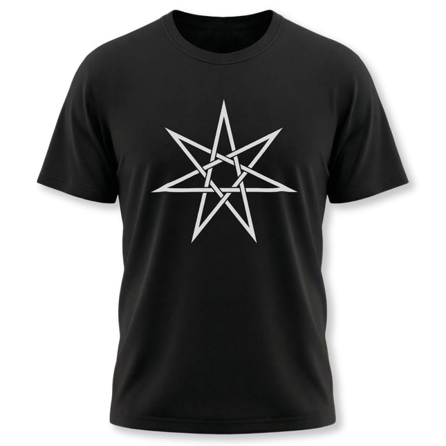 Black t-shirt featuring a white heptagram sacred geometry star design.