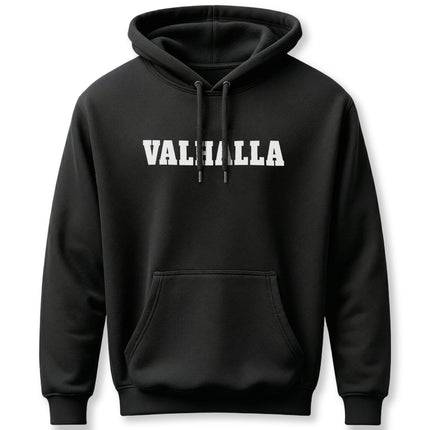 Black pullover hoodie featuring "VALHALLA" in bold white text, referencing Norse mythology and Viking culture.