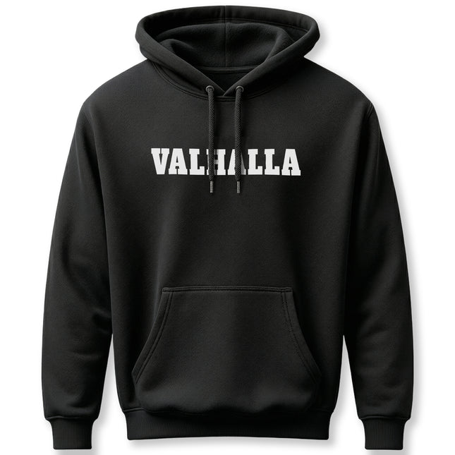 Black pullover hoodie featuring "VALHALLA" in bold white text, referencing Norse mythology and Viking culture.