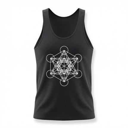 Black tank top featuring white Metatron's Cube sacred geometry design.