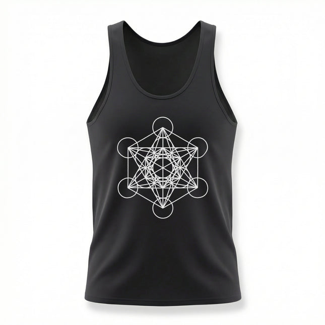 Black tank top featuring white Metatron's Cube sacred geometry design.