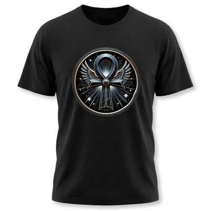 Black t-shirt featuring a mystical winged Ankh symbol graphic, representing ancient Egyptian life and spirituality.