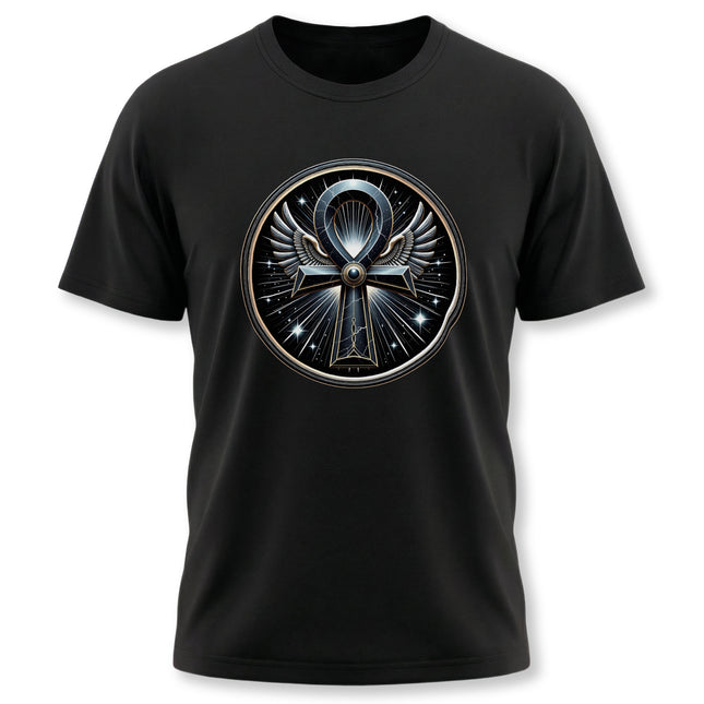 Black t-shirt featuring a mystical winged Ankh symbol graphic, representing ancient Egyptian life and spirituality.