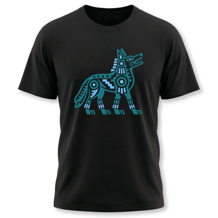 Aztec Coyote T-Shirt | Blue Geometric Mesoamerican Animal Art Tee