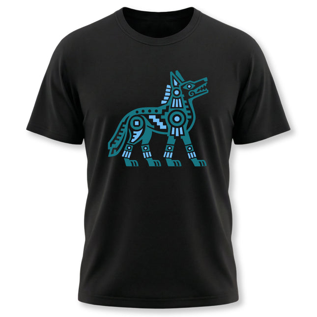 Aztec Coyote T-Shirt | Blue Geometric Mesoamerican Animal Art Tee