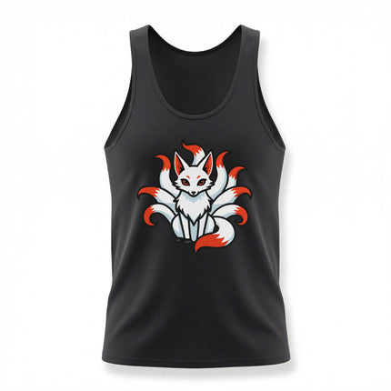 Mythical Kitsune nine-tailed fox graphic print in red and white.